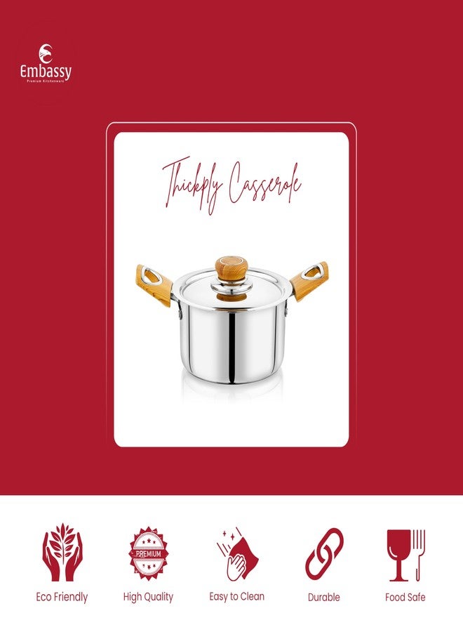 Embassy Stainless Steel Premium Thickply Casserole + Lid Wooden-Finish Handle (900 ml, Size 10) - Image 2